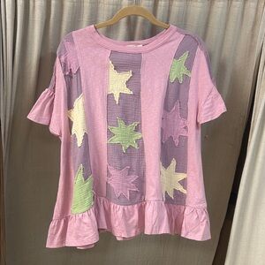 Pink Star Patterned Ruffle Hem Top - Easel